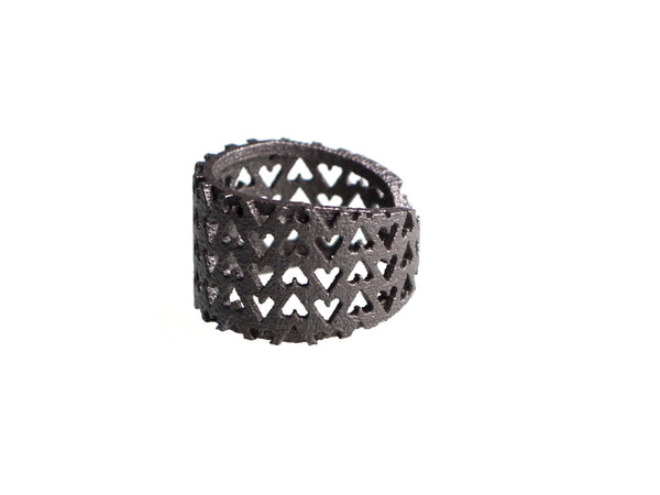 3D Printed Inverted Hearts Ring in Matte Dark Steel