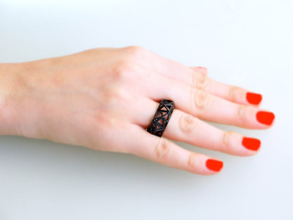 Geometric Ring - Triangulated Ring in Black, 3d printed