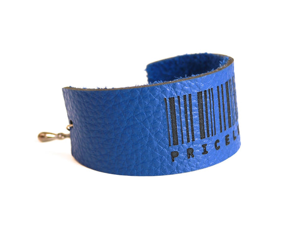 Slim Engraved Barcode bracelet in Cobalt Blue Leather, PRICELESS